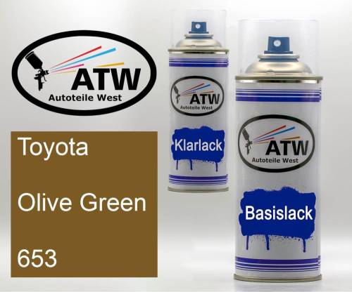 Toyota, Olive Green, 653: 400ml Sprühdose + 400ml Klarlack - Set, von ATW Autoteile West.